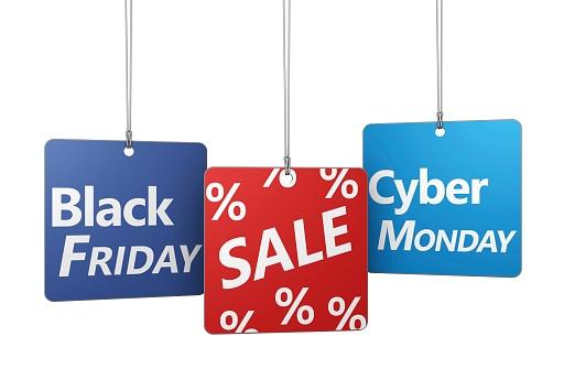 Black Friday Cyber Monday 2021 shopping sale concept with sign and percent symbol on hanged tags isolated on white background